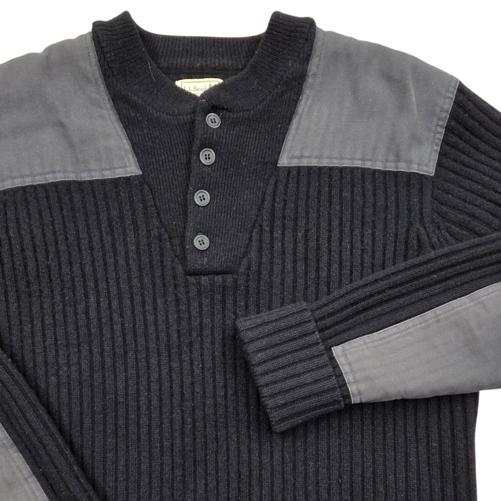 LL Bean Mens M-REG Merino Lambswool Commando Sweater Black Gray Patches Medium